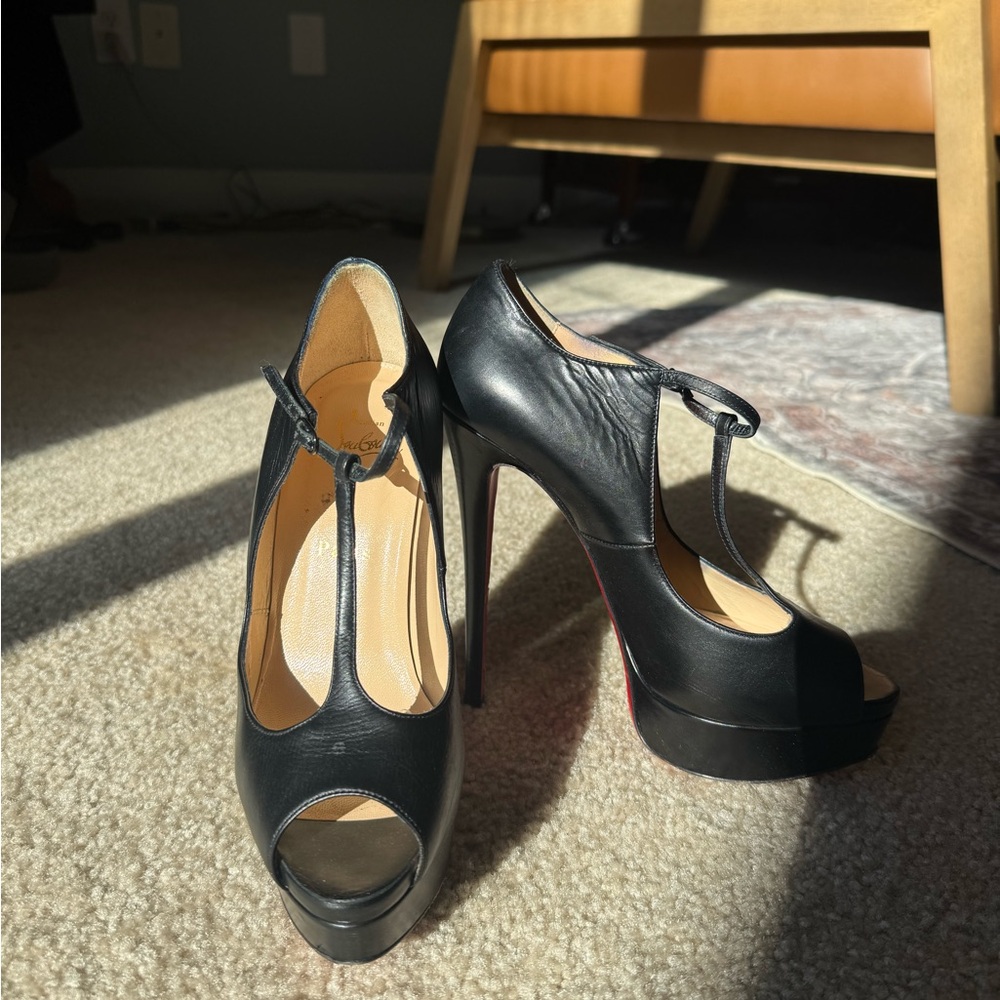 Christian Louboutin Black Peep-Toe Heels with Red Soles